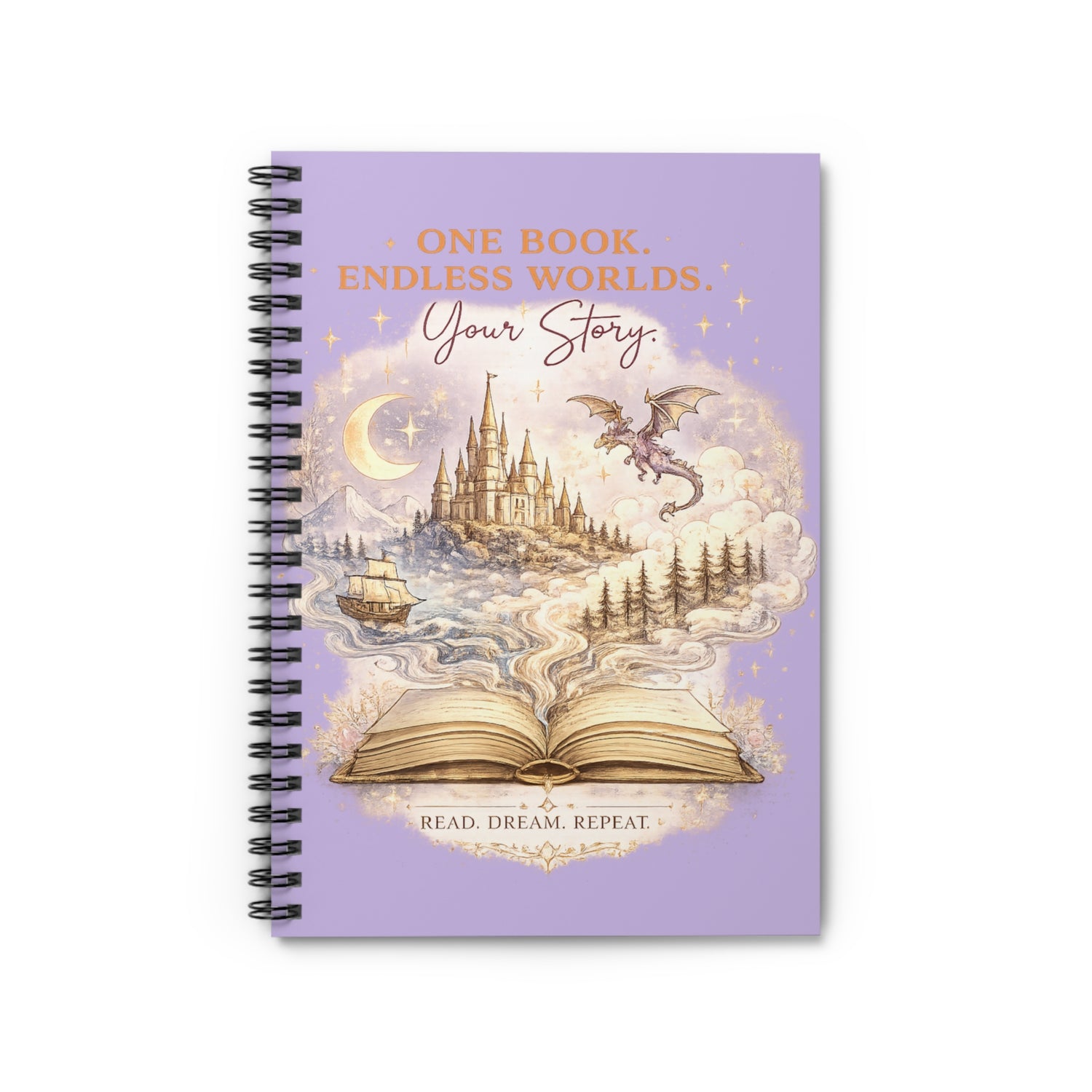 Kawaii Fantasy Book Lover Spiral Notebook | One Book Endless Worlds Spiral Notebook for Book Lovers - Dogear Dreams