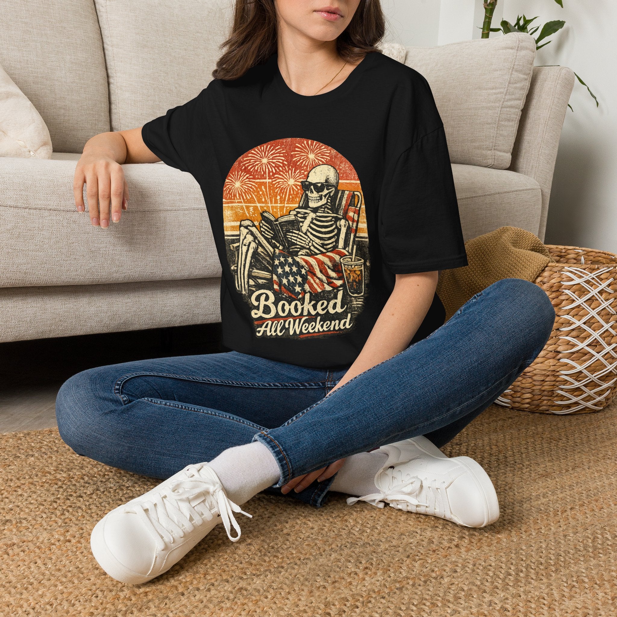 Booked All Weekend Skeleton Reader Shirt | Vintage Gothic 4th of July Tee | Patriotic Book Lover Skeleton T-Shirt