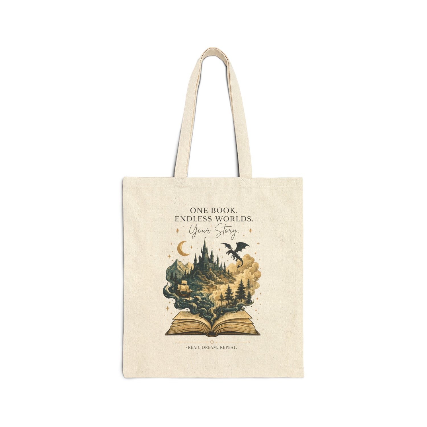 Book Lovers Tote Bag – "One Book Endless Worlds" Fantasy Canvas Book Tote - Dogear Dreams