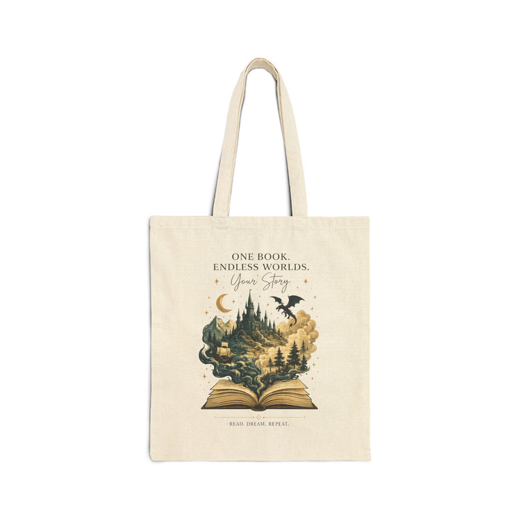 Book Lovers Tote Bag – "One Book Endless Worlds" Fantasy Canvas Book Tote - Dogear Dreams