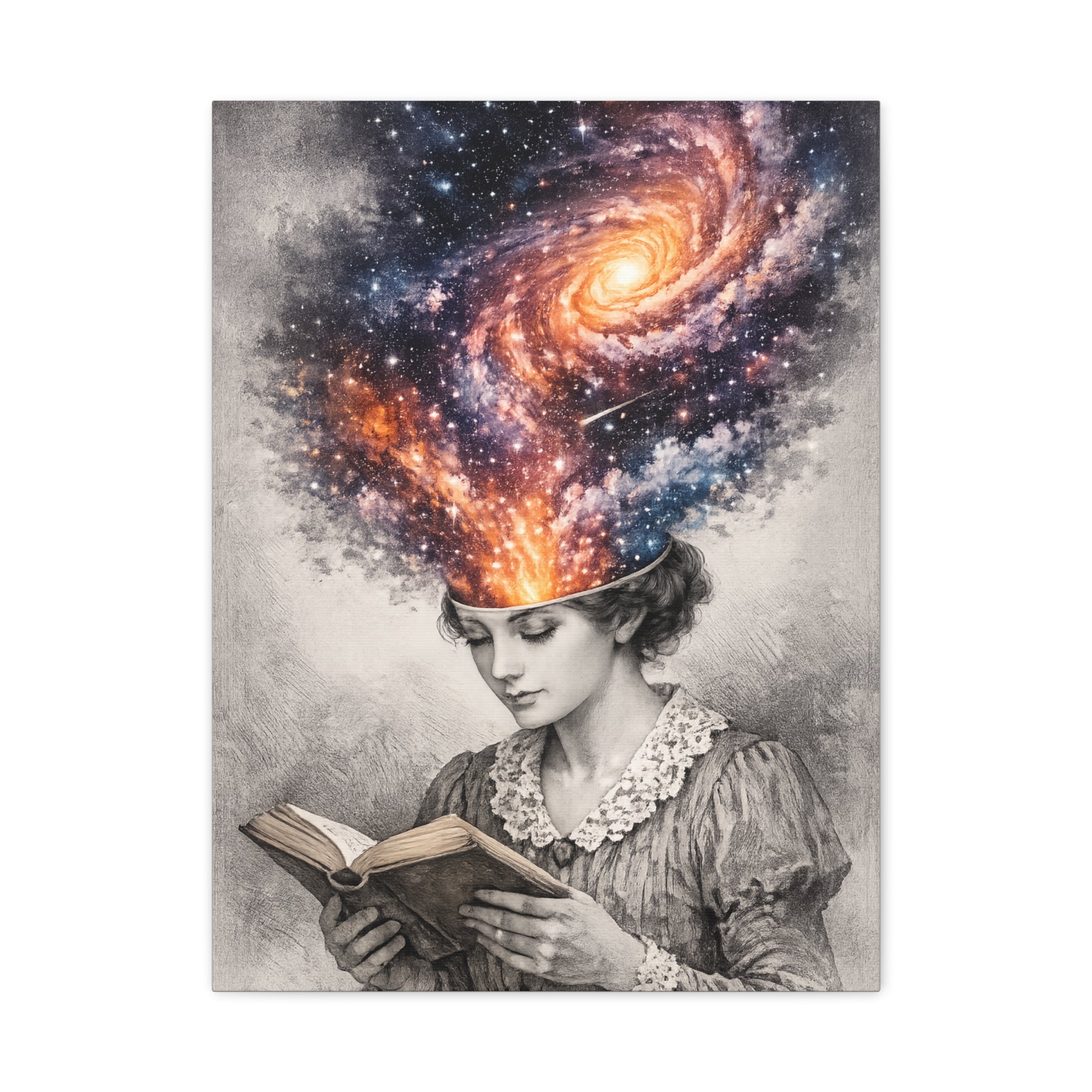 Canvas art of a vintage reader with a glowing galaxy and stars swirling from her mind above an open book.