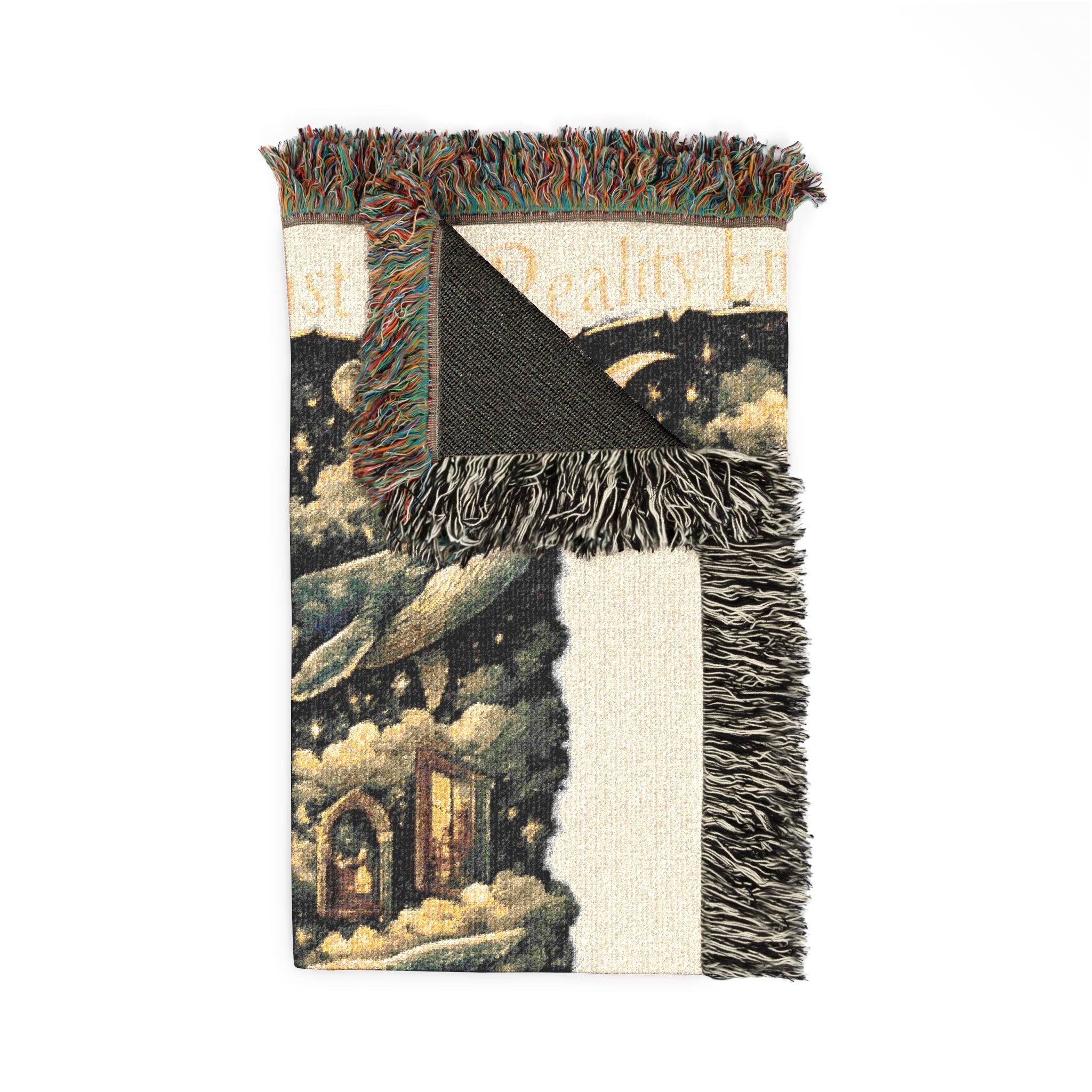 Reality Ends at the Last Page Woven Throw Blanket | Surreal Book Lover Blanket with Celestial Whales and Dreamscape Art