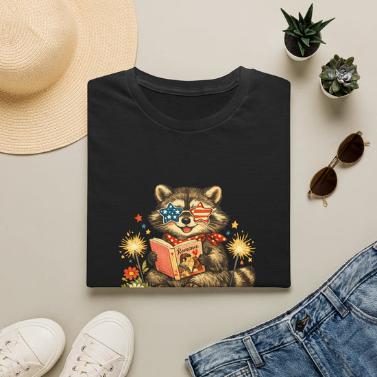 Patriotic Raccoon Reading T-Shirt — "Red, White & Booked" 4th of July Tee