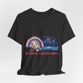 Charcoal t-shirt with a graphic design of a person on a beach chair, fireworks, and text &
