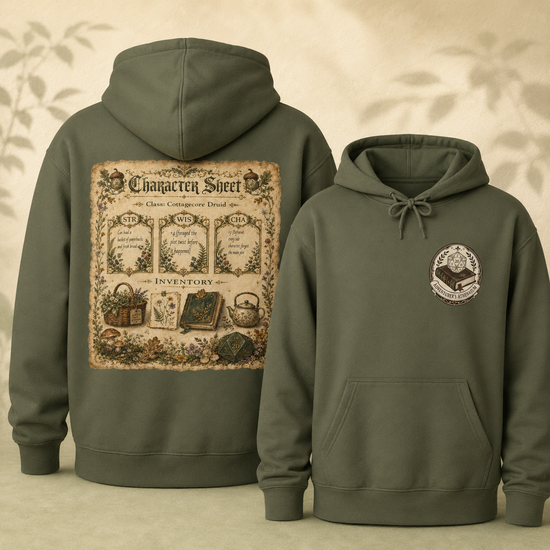 Two olive green hoodies shown against a warm beige background with soft leafy shadows. The left hoodie shows the back with a large vintage-style character sheet graphic, and the right hoodie shows the front with a drawstring hood, kangaroo pocket, and a small circular chest graphic.