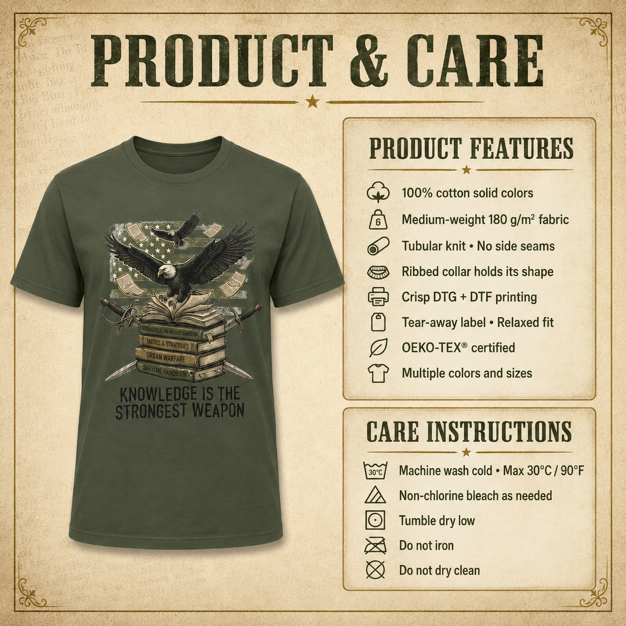 An olive green graphic t-shirt is displayed on the left under a &