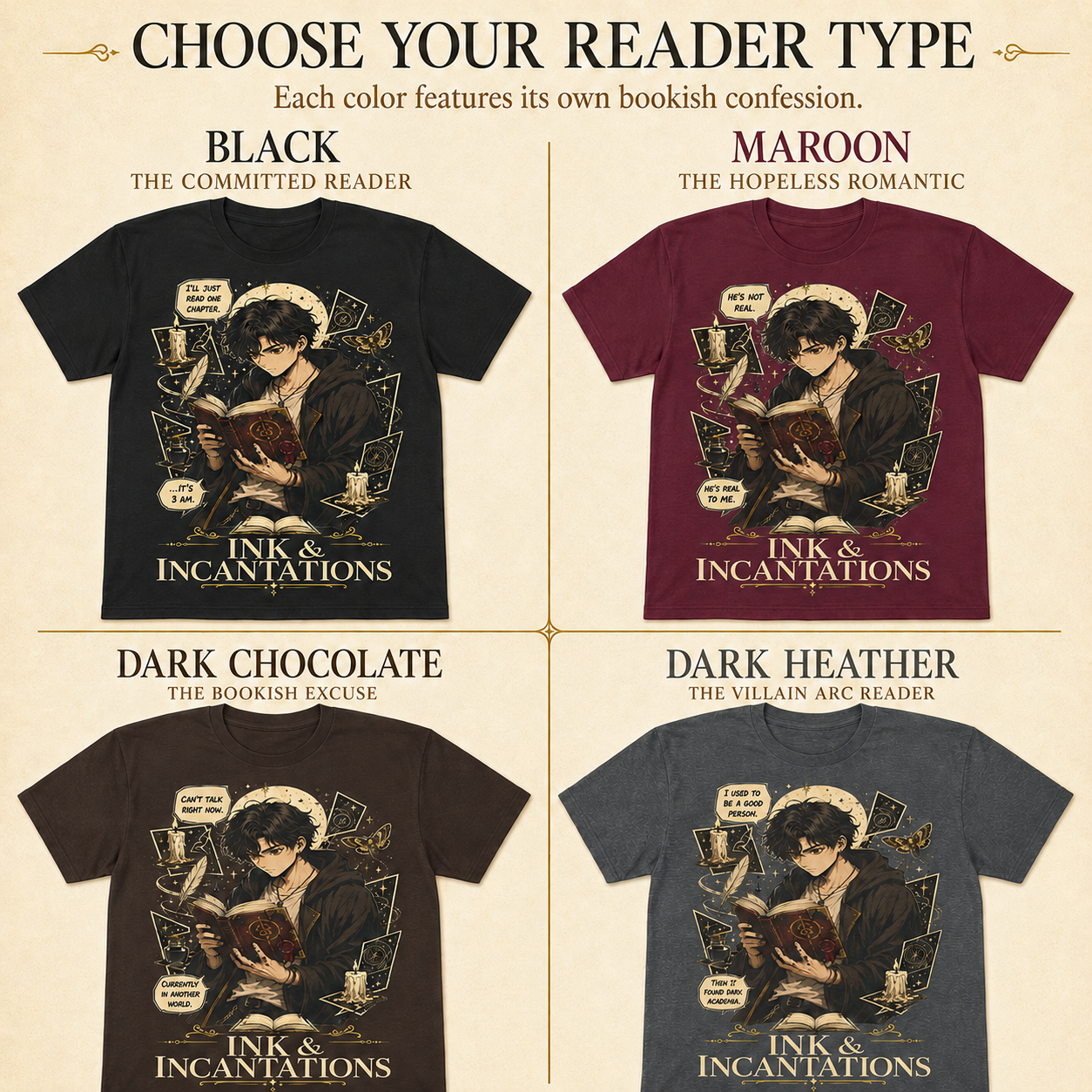 A four-quadrant promotional graphic showing bookish confession T-shirt color options under the heading &