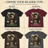A four-quadrant promotional graphic showing bookish confession T-shirt color options under the heading &