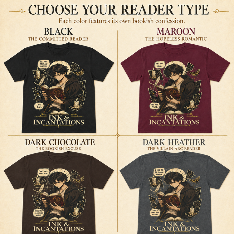 A four-quadrant promotional graphic showing bookish confession T-shirt color options under the heading &