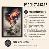 A framed art print featuring a vintage illustration of a woman reading, with a colorful galaxy swirling in her head, shown on a beige product information graphic with text describing product features and care instructions.
