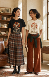 Two women standing in a sunlit room with bookshelves, wearing graphic T-shirts and wide-leg pants. The woman on the left wears a black T-shirt with a red and orange book-and-bats graphic and a brown plaid midi skirt.