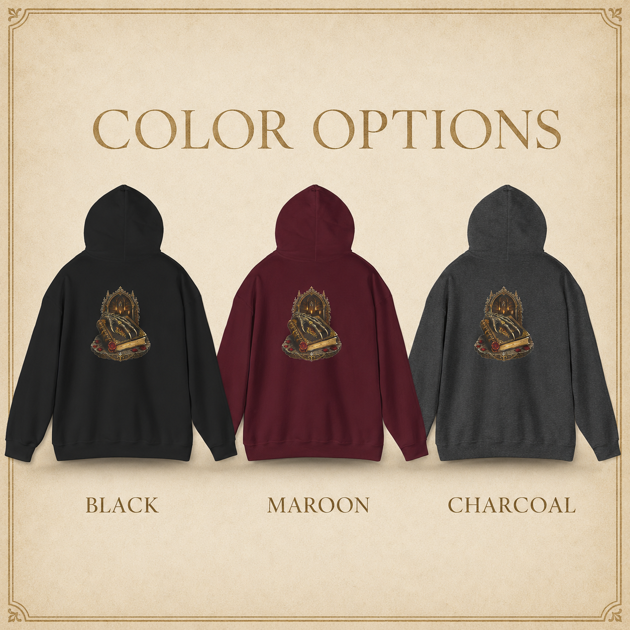 A color options graphic showing three hooded sweatshirts with a large crest-style graphic on the back: one black, one maroon, and one charcoal. The words &