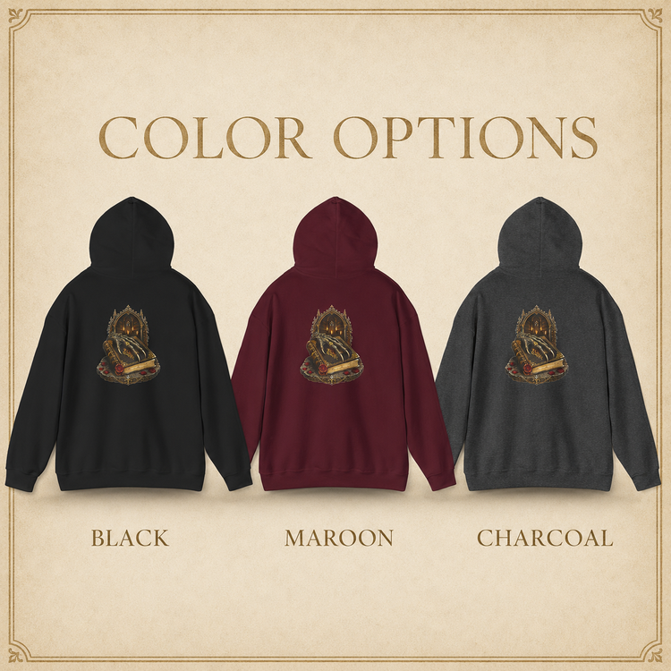 A color options graphic showing three hooded sweatshirts with a large crest-style graphic on the back: one black, one maroon, and one charcoal. The words &