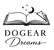 A black graphic logo featuring an open book with a crescent moon, stars, and a folded page above the words 'DOGEAR Dreams' on a plain white background.