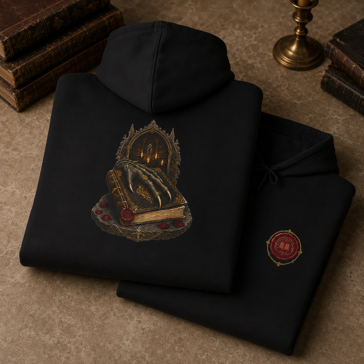 A black hoodie is folded and displayed on a textured brown surface with vintage books and a brass candlestick in the background. The hoodie features a detailed graphic of a skeleton key in an arched frame holding an open book with red wax seals, and a small red and gold seal graphic on the sleeve.