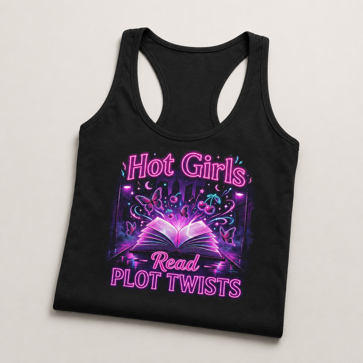 A black racerback tank top with a vibrant graphic on the front that reads &