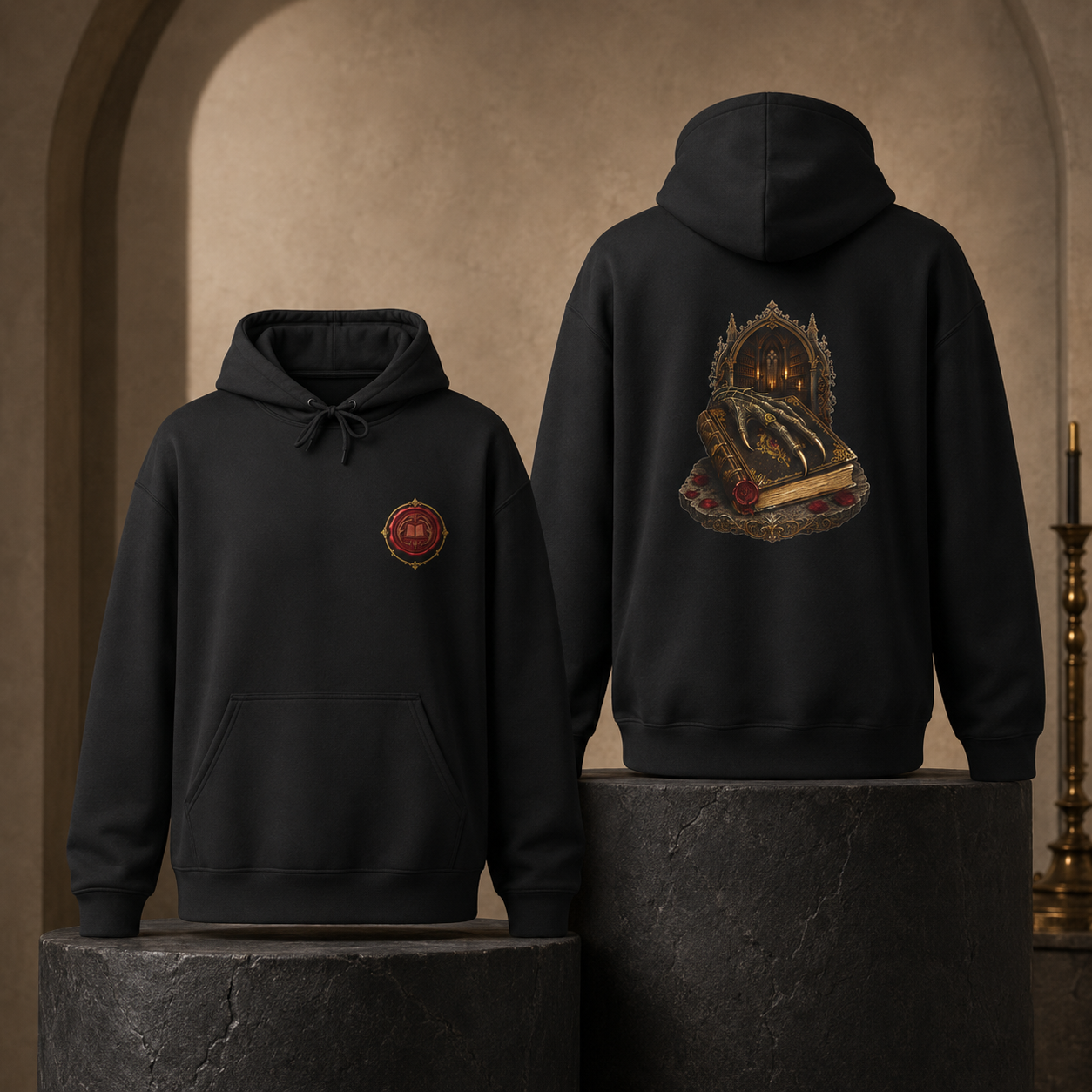 Two black hoodies displayed on dark pedestals in a gothic-style interior. The left hoodie shows the front with a small circular red and gold emblem on the left chest.