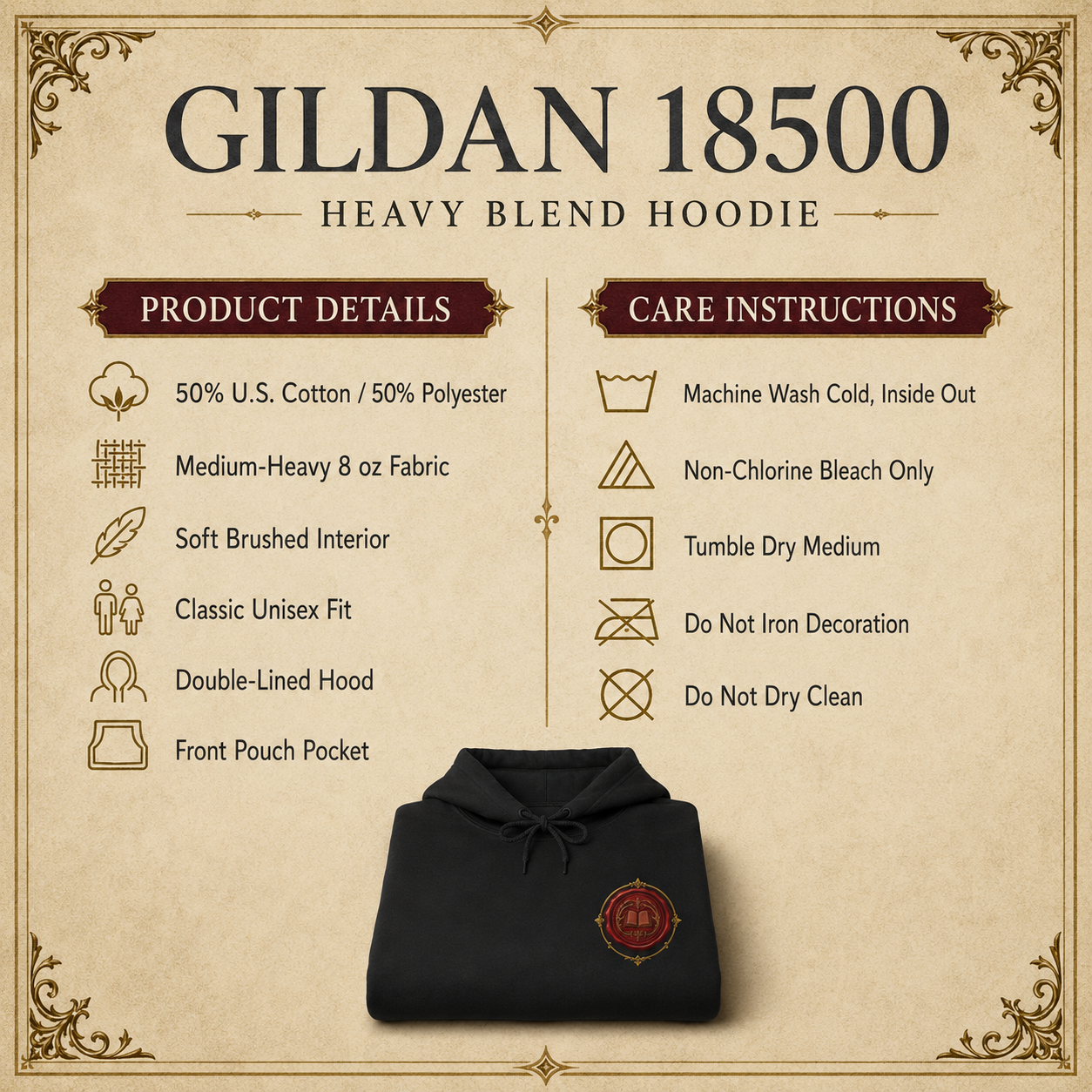 A product information graphic for a Gildan 18500 heavy blend hoodie. The graphic features a black hoodie folded and displayed at the bottom center, with a beige parchment-style background containing product details and care instructions in a two-column layout.