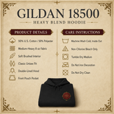 A product information graphic for a Gildan 18500 heavy blend hoodie. The graphic features a black hoodie folded and displayed at the bottom center, with a beige parchment-style background containing product details and care instructions in a two-column layout.