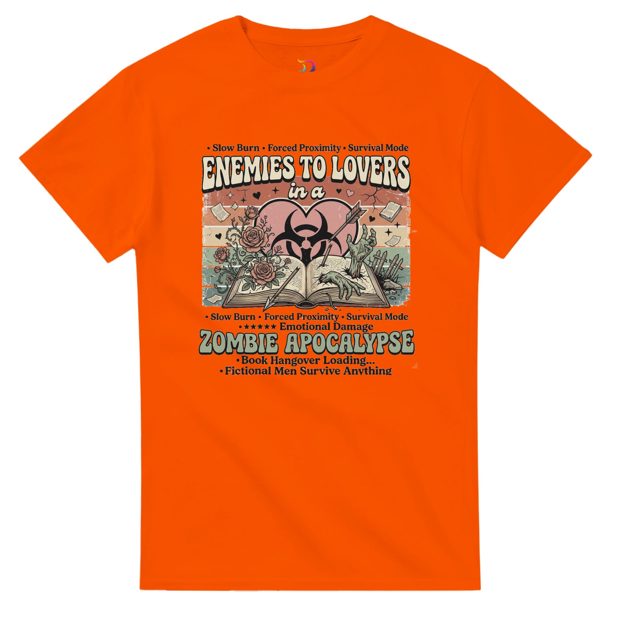 Enemies to Lovers Zombie Apocalypse bookish graphic t-shirt for romance readers, BookTok fans, and lovers of quirky fiction.