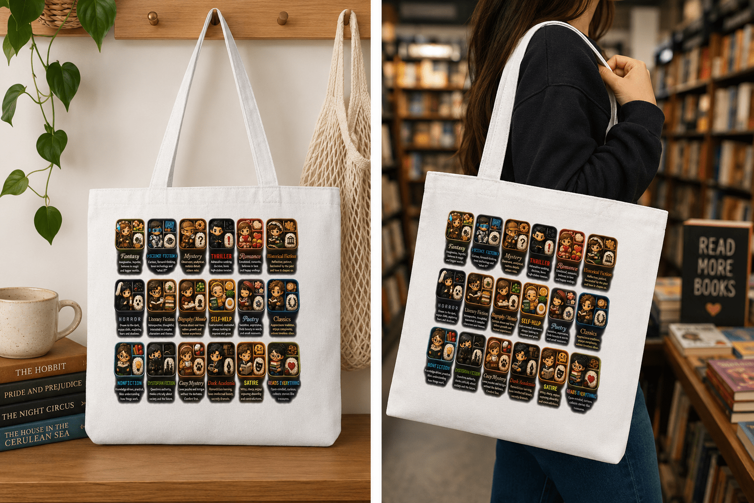 Bento Box Book Genre Tote Bag – Cute Bookworm Gift - Designity