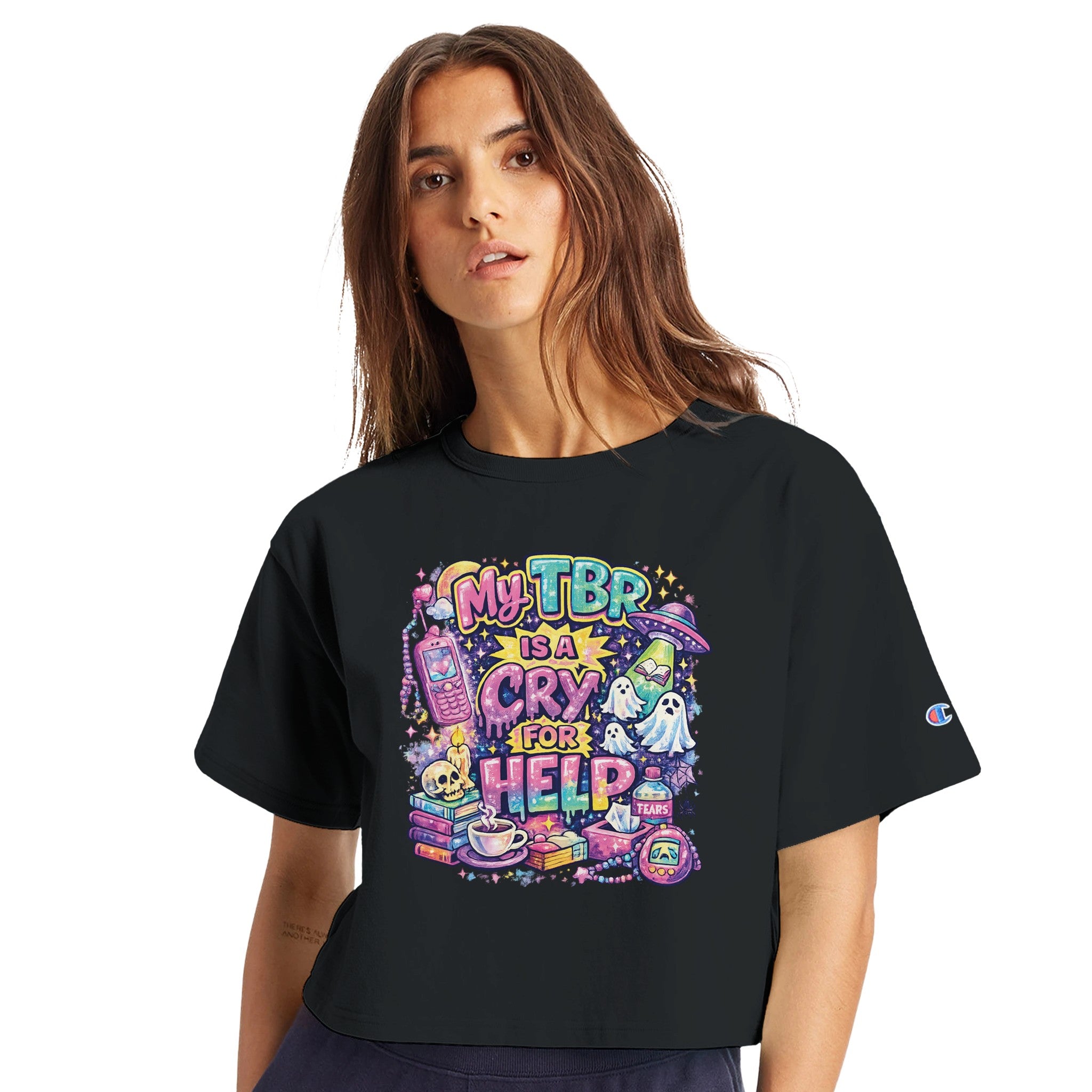 Model wearing 'My TBR Is a Cry for Help' Y2K style black crop top shirt.