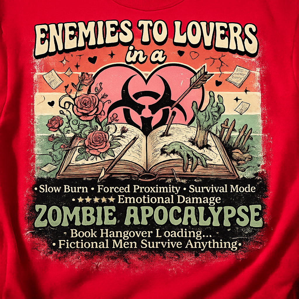 Enemies to Lovers Zombie Apocalypse bookish graphic t-shirt for romance readers, BookTok fans, and lovers of quirky fiction.