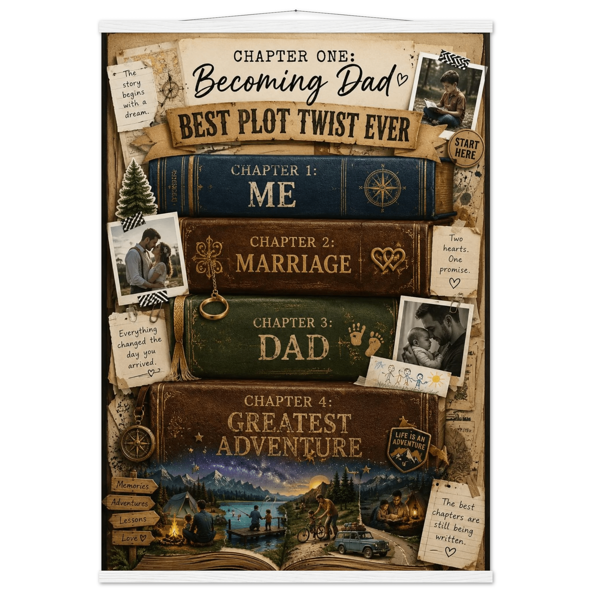 Vintage Book Spines Family Story Poster with Pine Wood Hanger - Designity