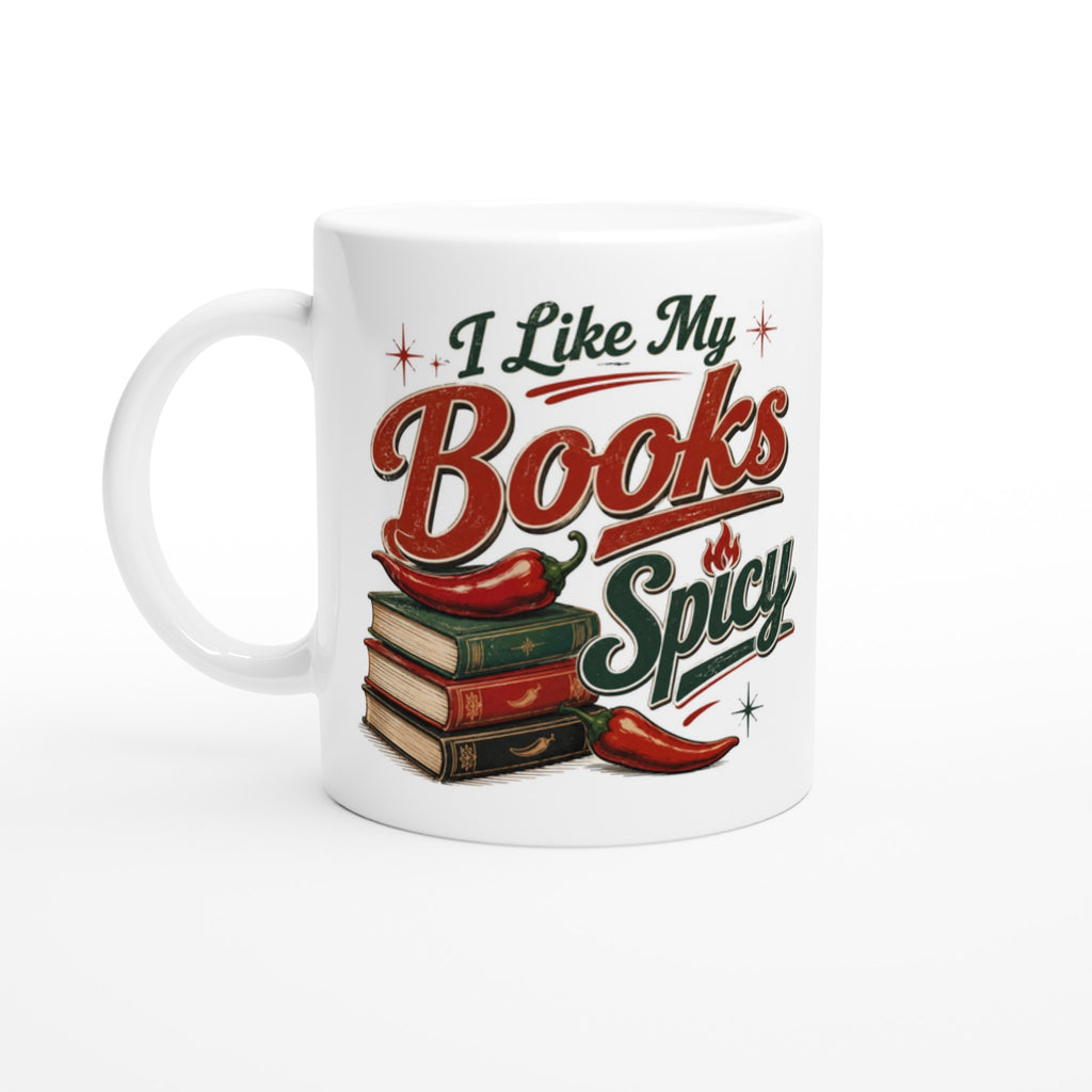 I Like My Books Spicy mug with chili peppers and books, perfect for romance readers and BookTok fans.