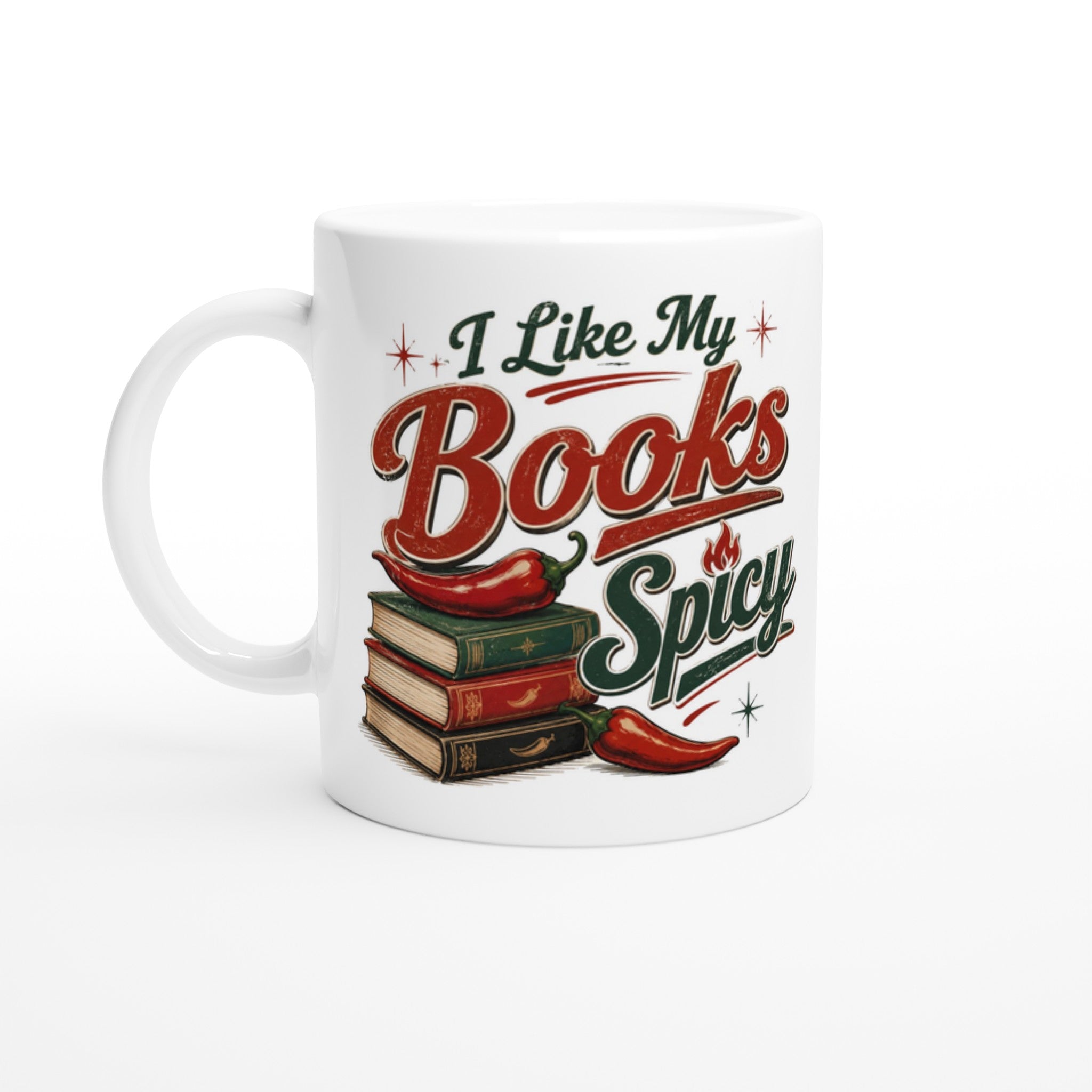 I Like My Books Spicy mug with chili peppers and books, perfect for romance readers and BookTok fans.