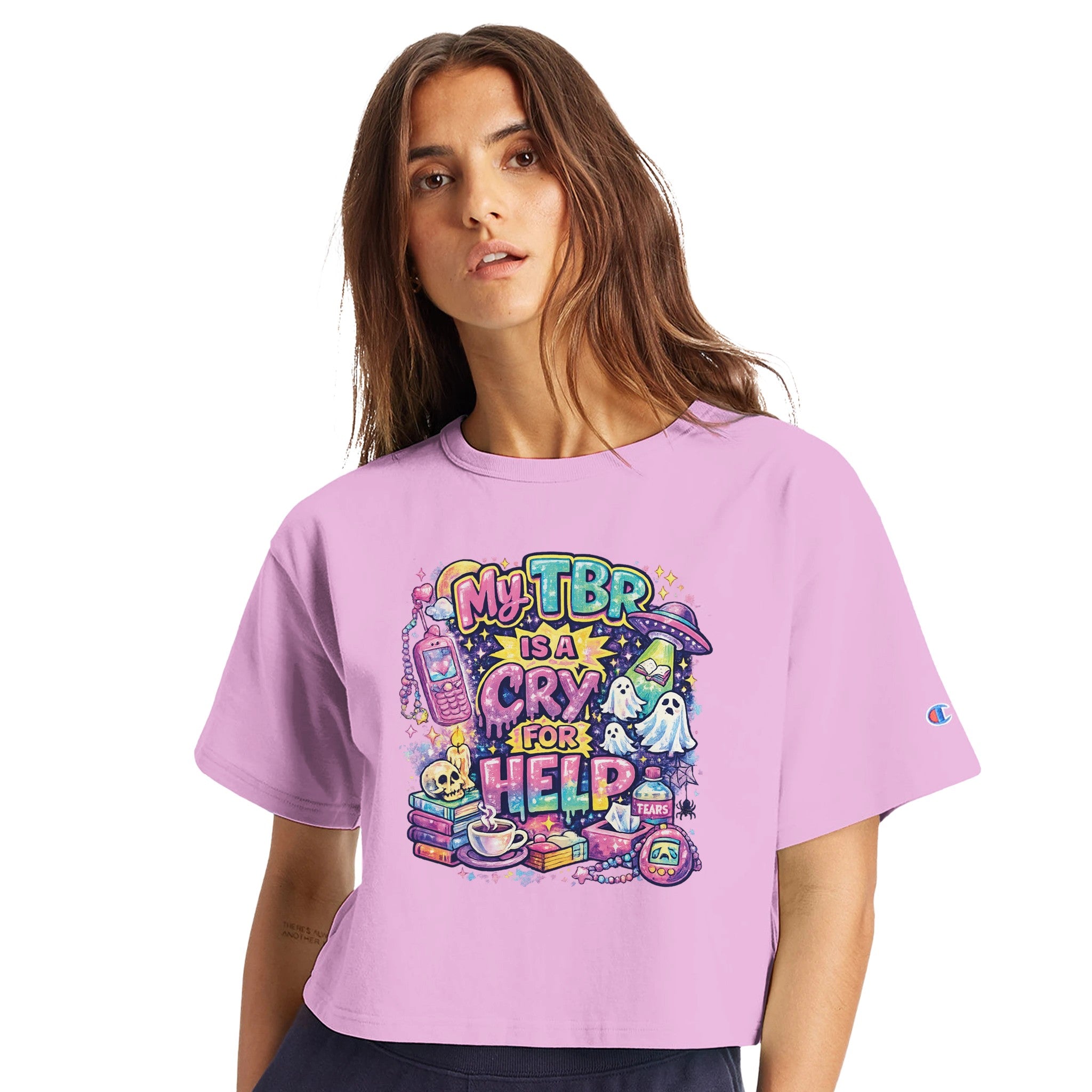 Model wearing 'My TBR Is a Cry for Help' Y2K style pink crop top shirt.