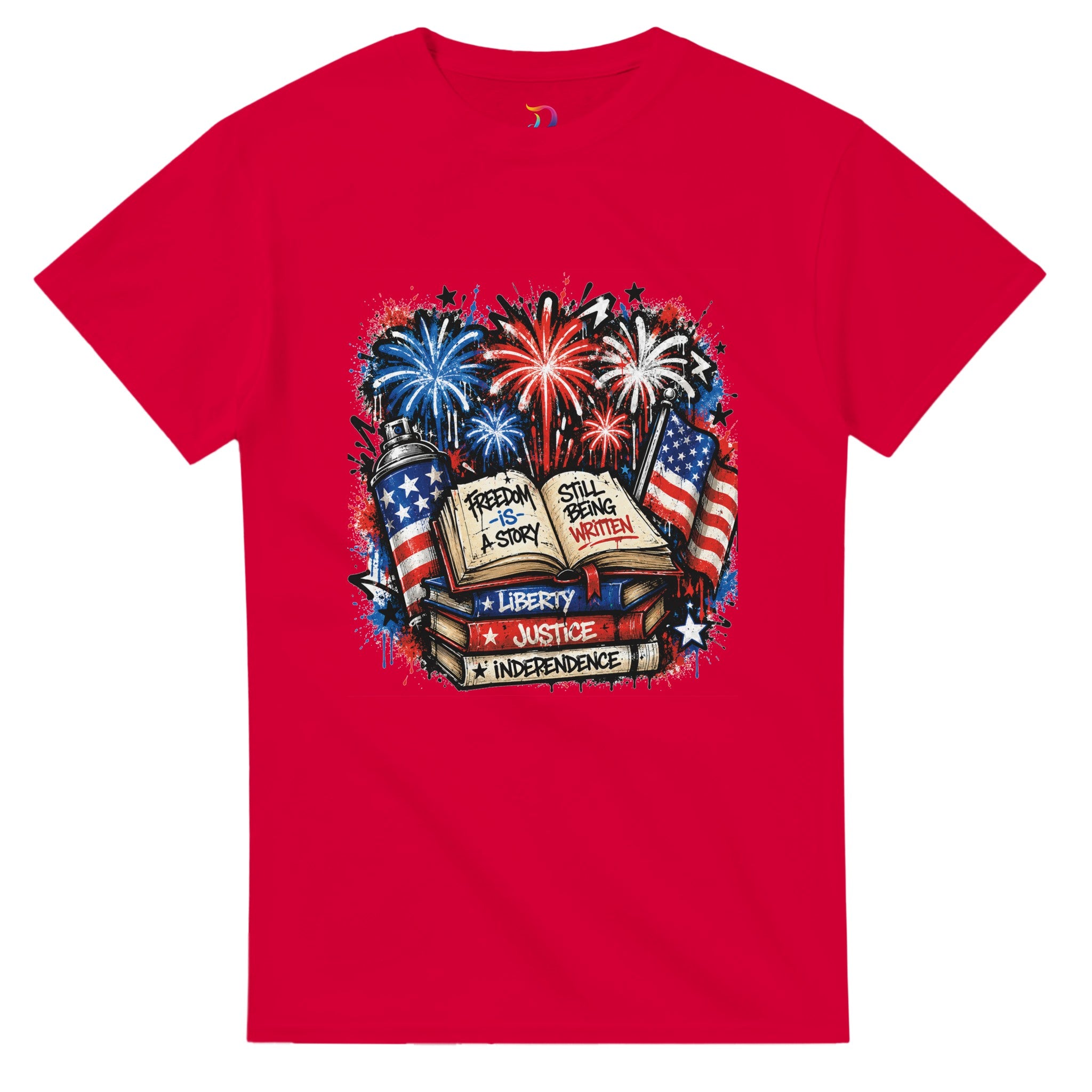 Freedom Is a Story Still Being Written T-Shirt | Patriotic Book Lover Graphic Tee | Graffiti Fireworks Reader Shirt