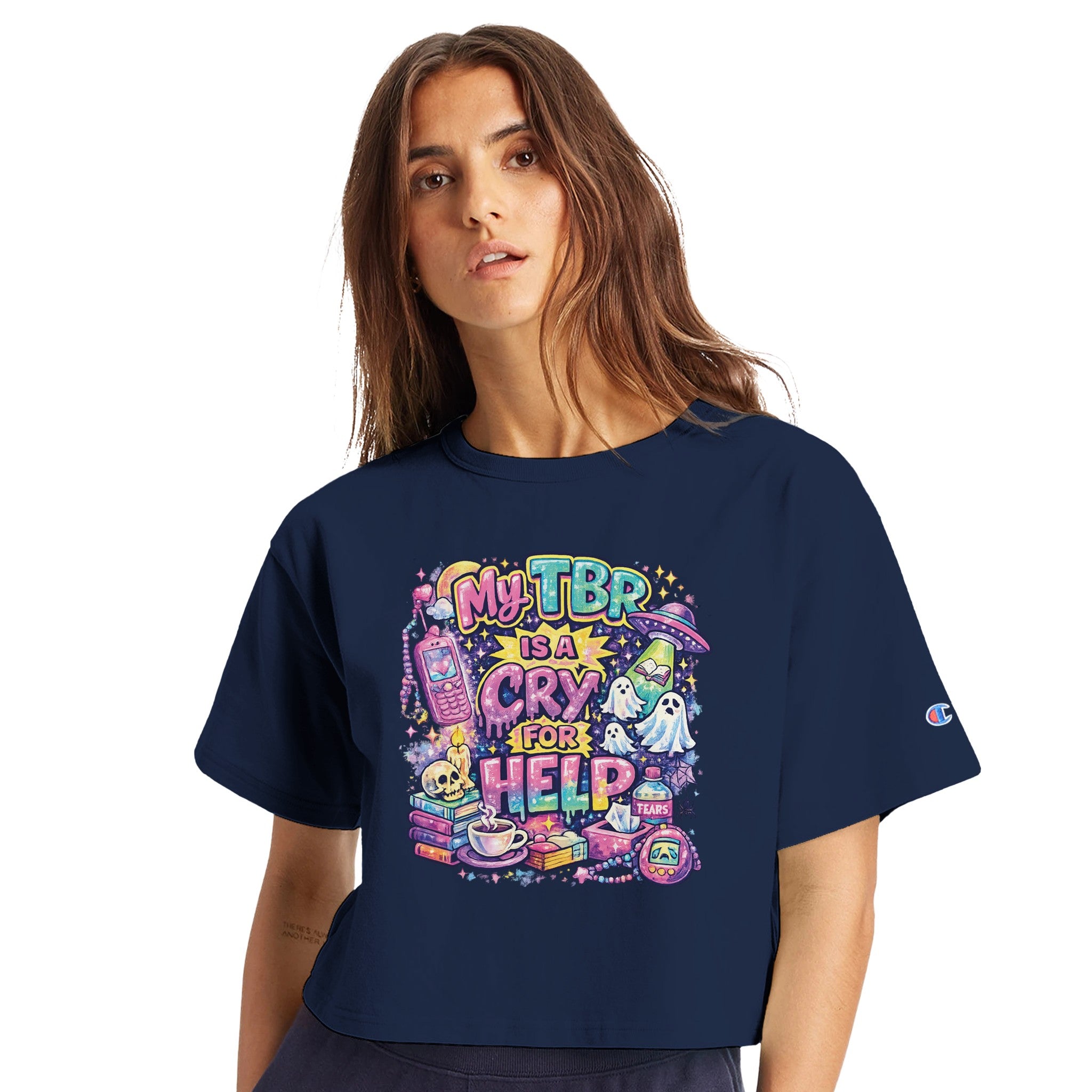 Model wearing 'My TBR Is a Cry for Help' Y2K style navy crop top shirt.
