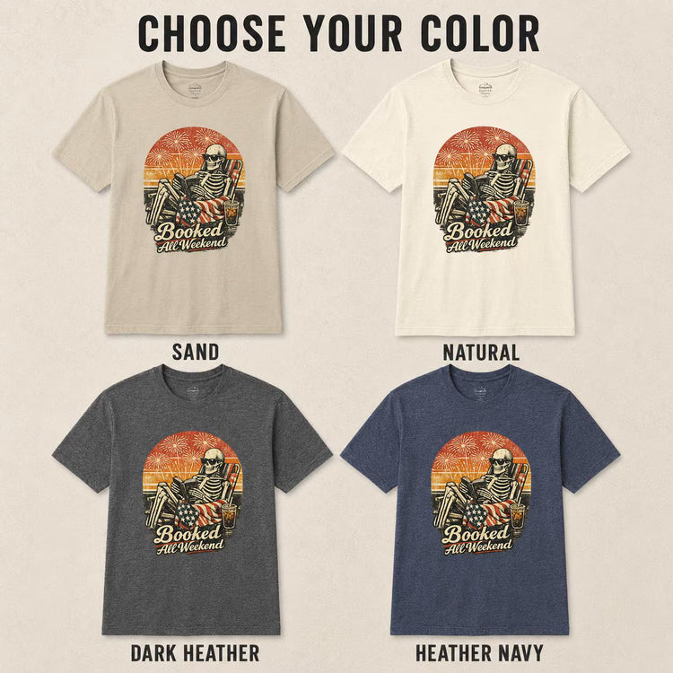 Four graphic T-shirts shown in different color options under the heading &