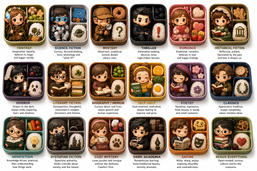 Bento Box Book Genre Tote Bag – Cute Bookworm Gift - Designity